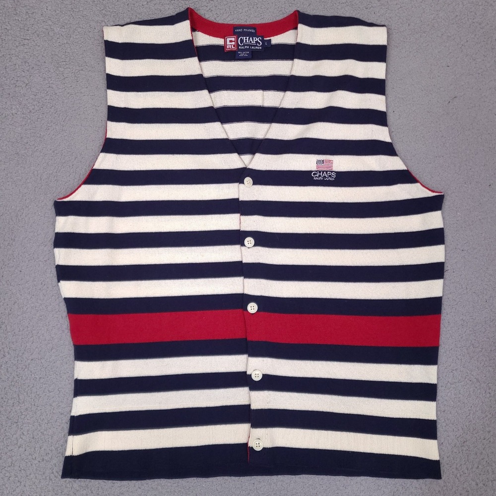 Vintage Chaps Ralph Lauren‎ Sweater Cardigan Vest Mens Large Striped Hand Framed